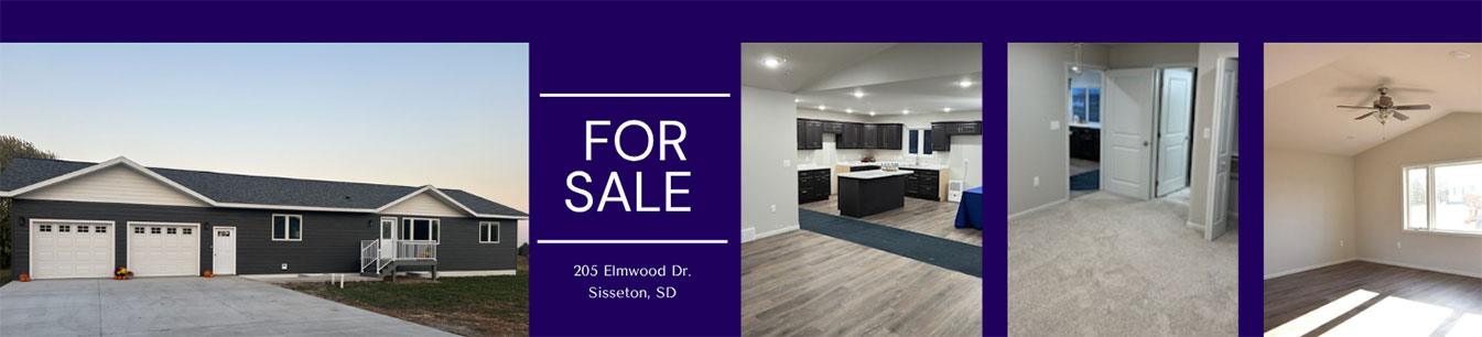 For sale listing for a single-story home at 205 Elmwood Dr., Sisseton, SD, with exterior and interior photos